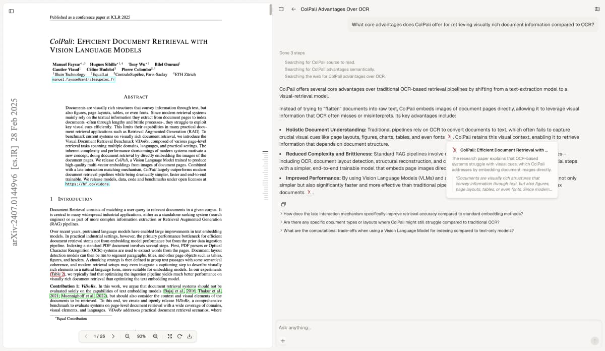 Atlas source view with a research paper beside an answer and numbered citation links