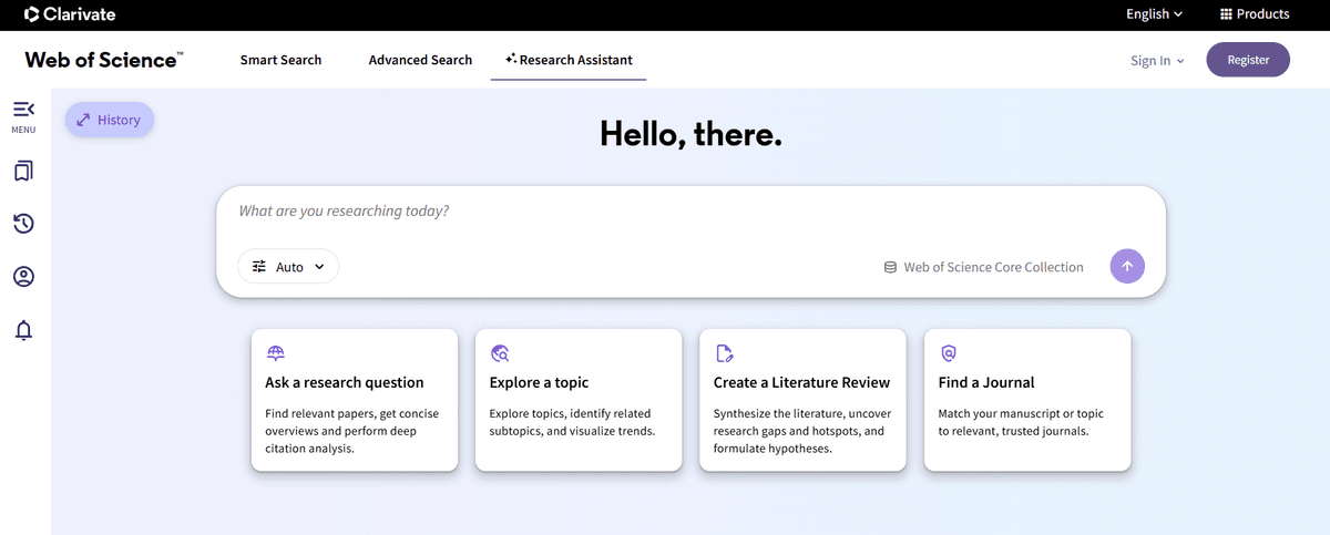 Web of Science Research Assistant with a Core Collection selector and task cards for questions, topic exploration and literature review.