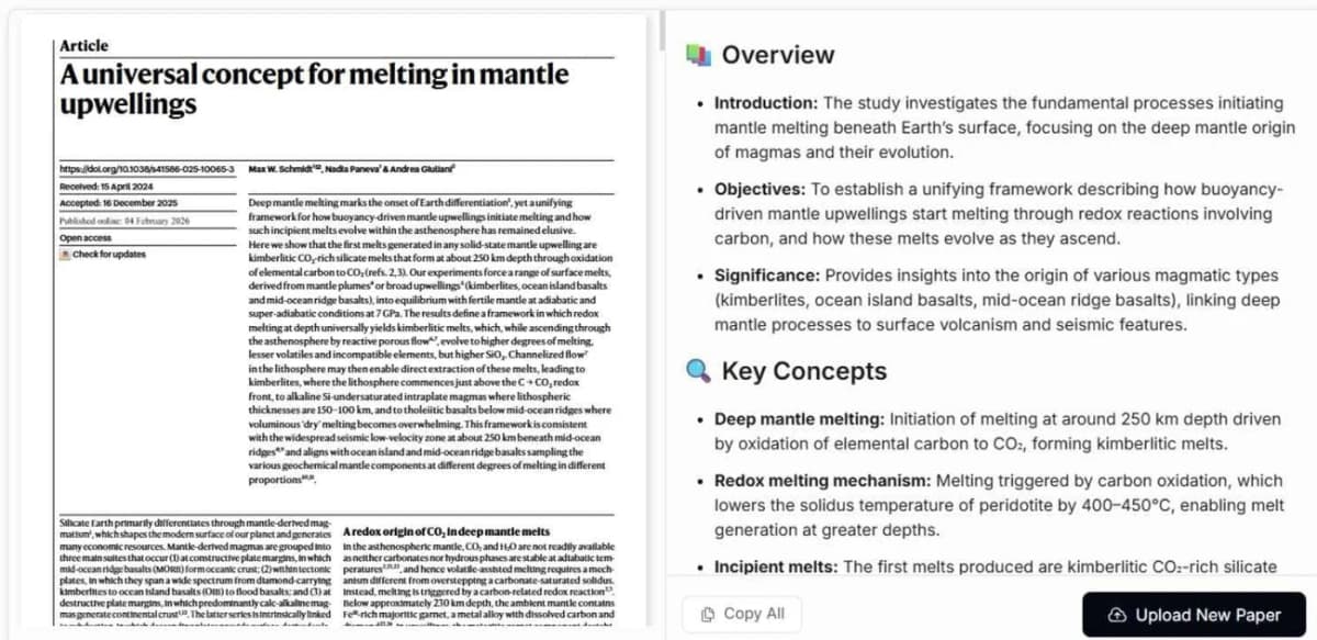 Paperguide paper view beside an AI-generated overview and key concepts.