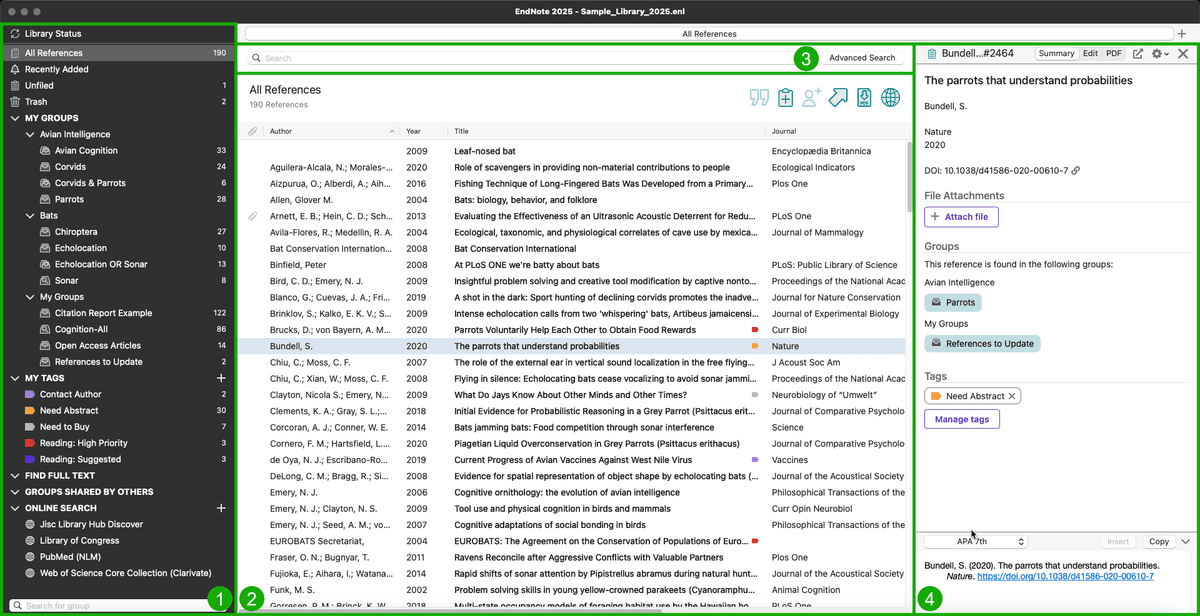 EndNote 2025 library window showing reference groups, a searchable reference list, and selected-reference details.