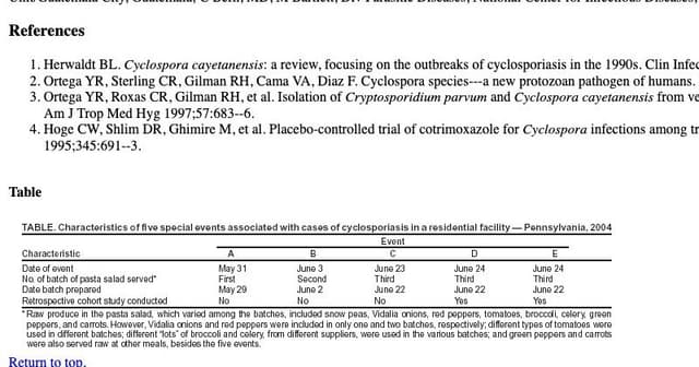 CDC table listing five Pennsylvania outbreak events and marking retrospective cohort analyses for events D and E.