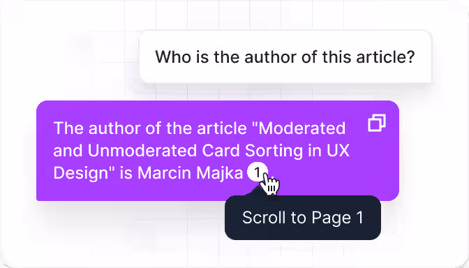 ChatPDF's demo answer includes a [P1] source marker and a visible Scroll to Page 1 tooltip.