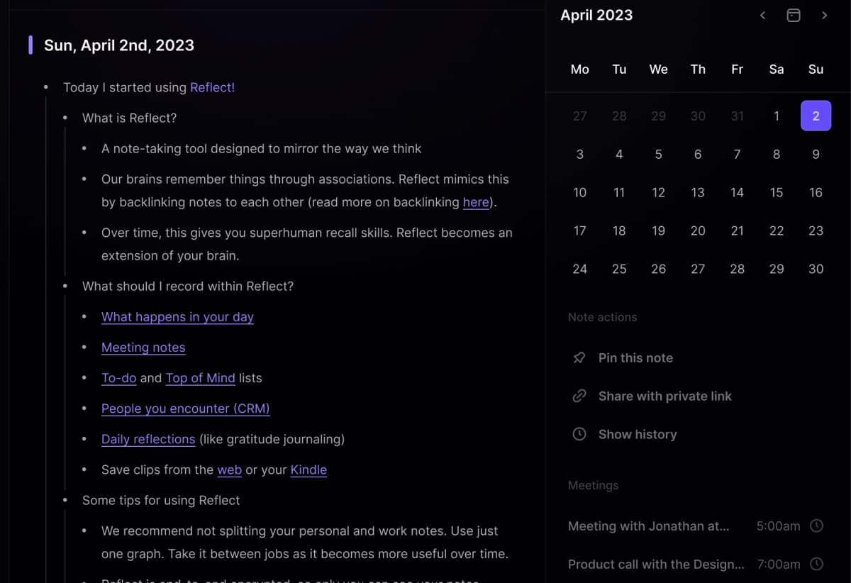 Reflect sample daily note with nested linked notes beside the April 2023 calendar.