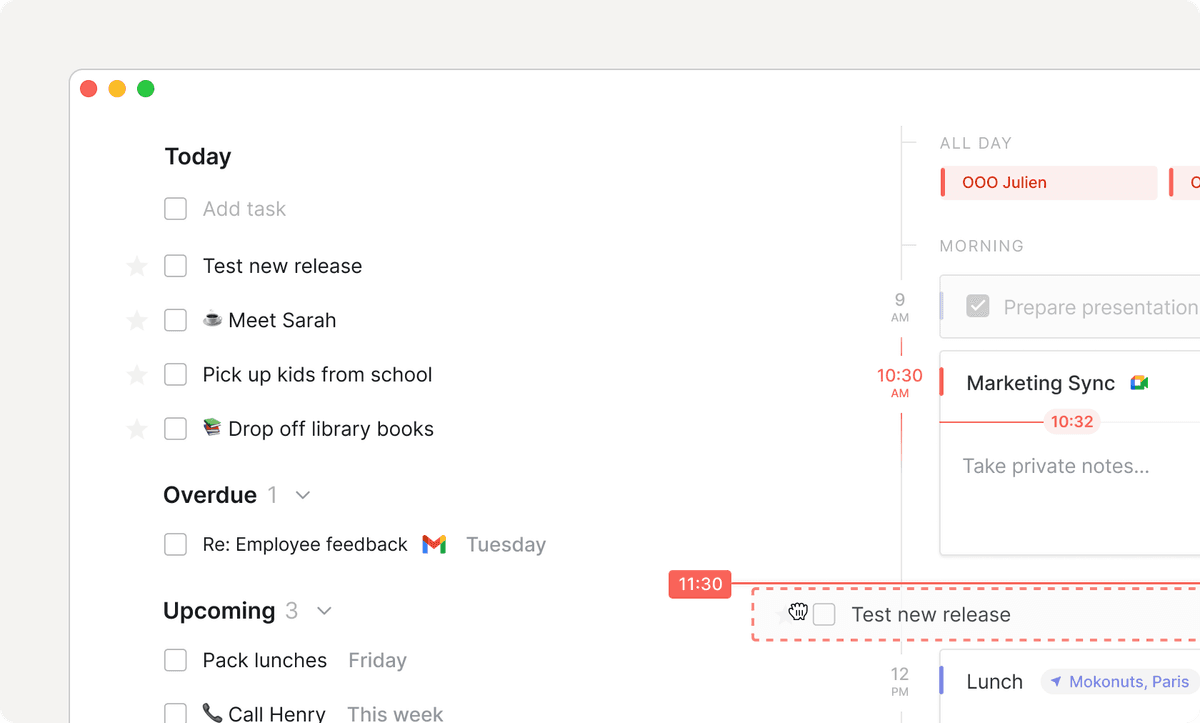 Routine agenda showing a task list beside a time-grid calendar and meeting card.