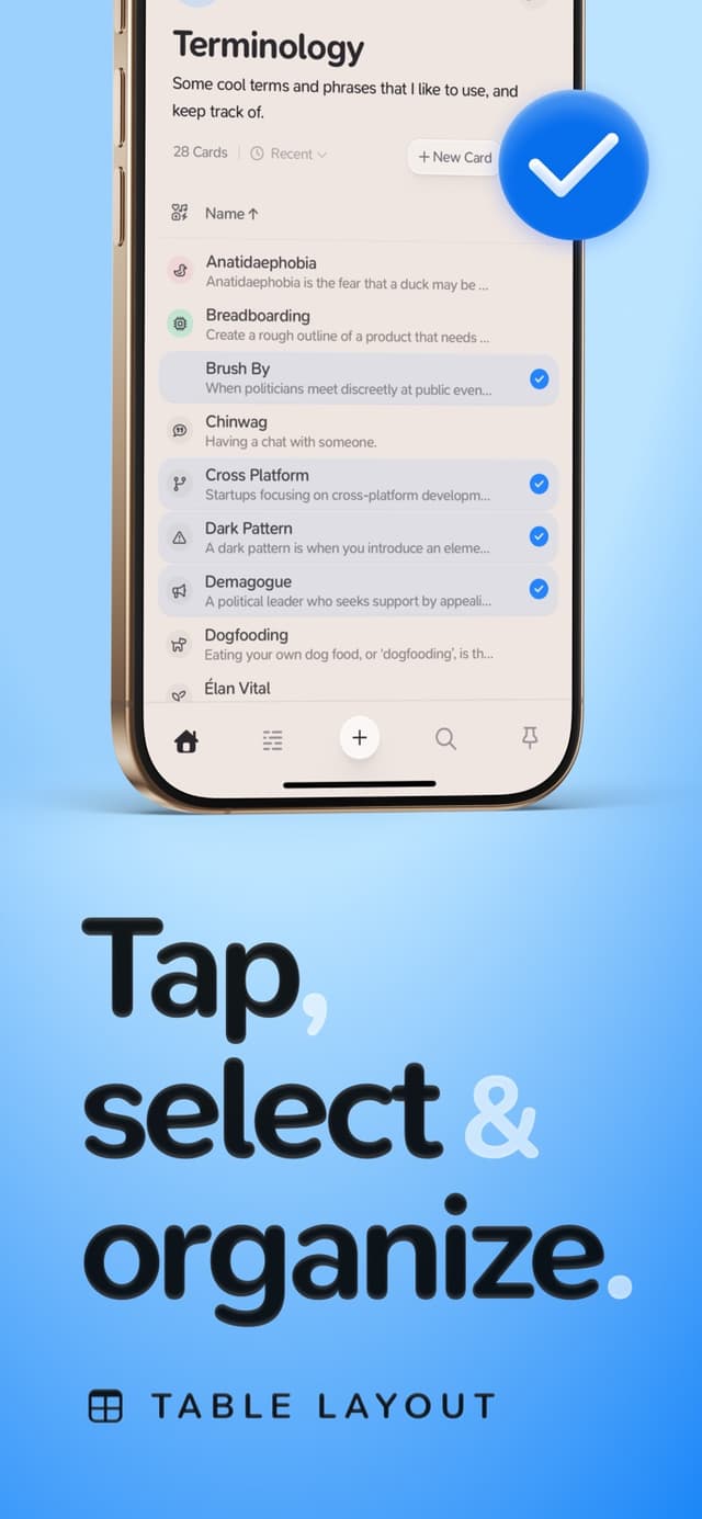 Official Supernotes App Store screenshot showing the Table Layout card list on an iPhone.