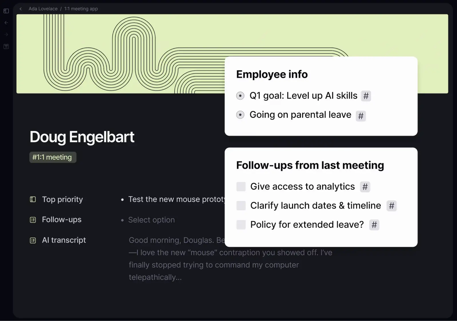 Official Tana Outliner homepage screenshot showing a meeting workspace with employee info, follow-ups, tags, and AI transcript fields.