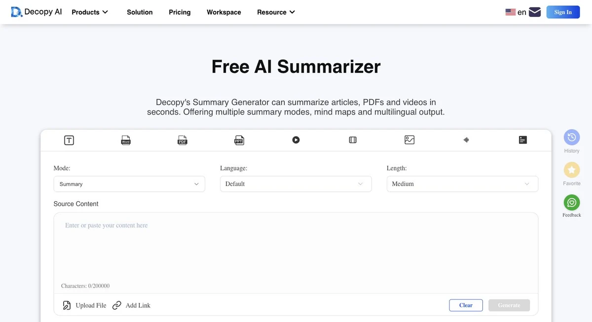 Decopy blank AI summarizer with source type icons and mode, language, and length controls.
