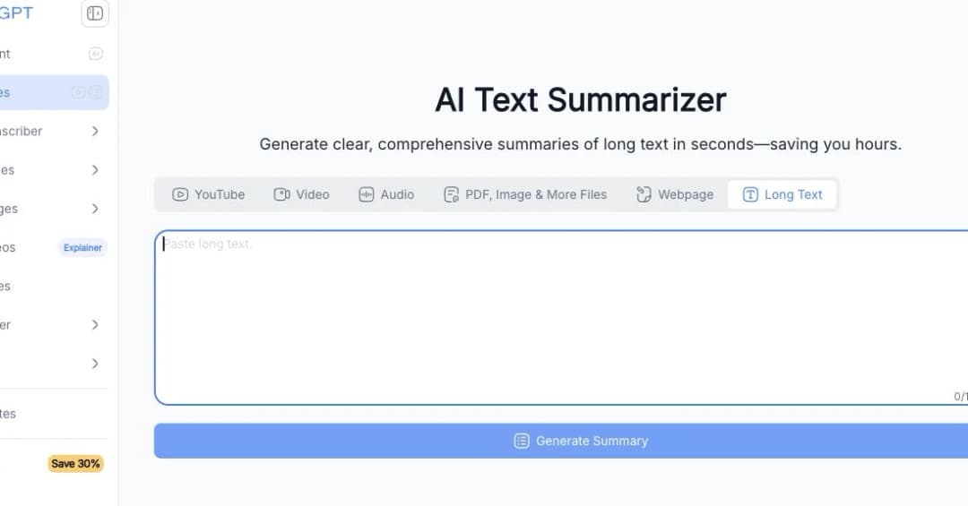 NoteGPT blank long-text summarizer with tabs for YouTube, video, audio, PDF and files, webpage, and long text.