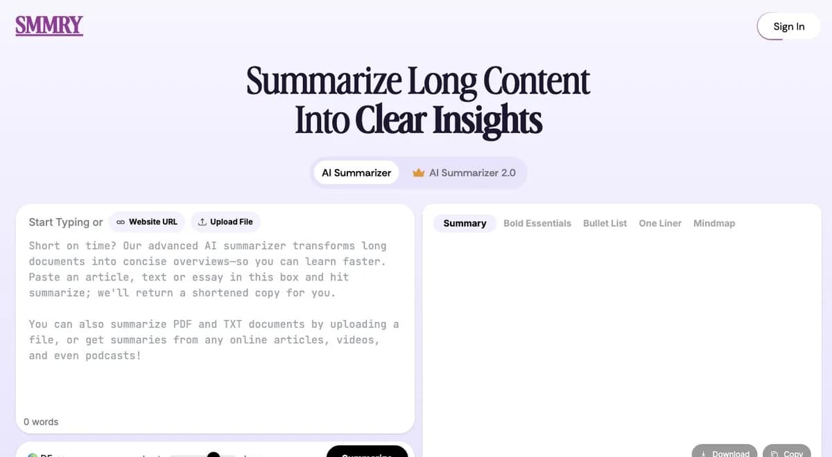 SMMRY blank summary interface with text, website URL, and file input options and output-format tabs.