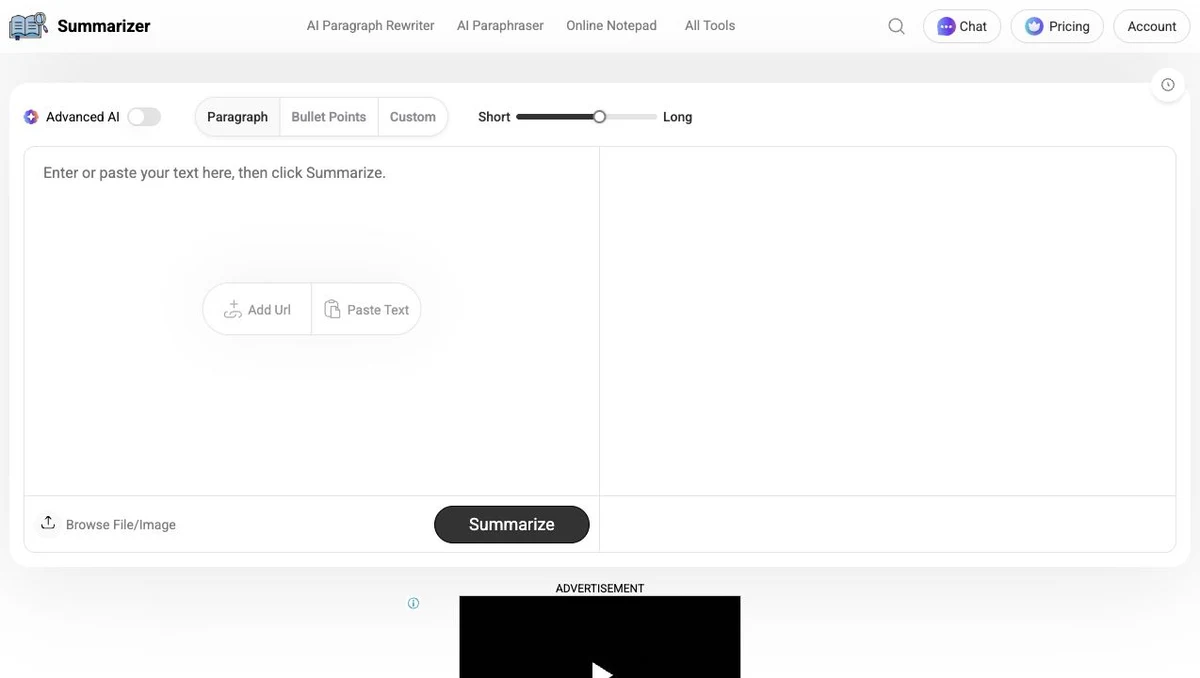 Summarizer.org blank input and output panes with paragraph, bullet, custom, and length controls.