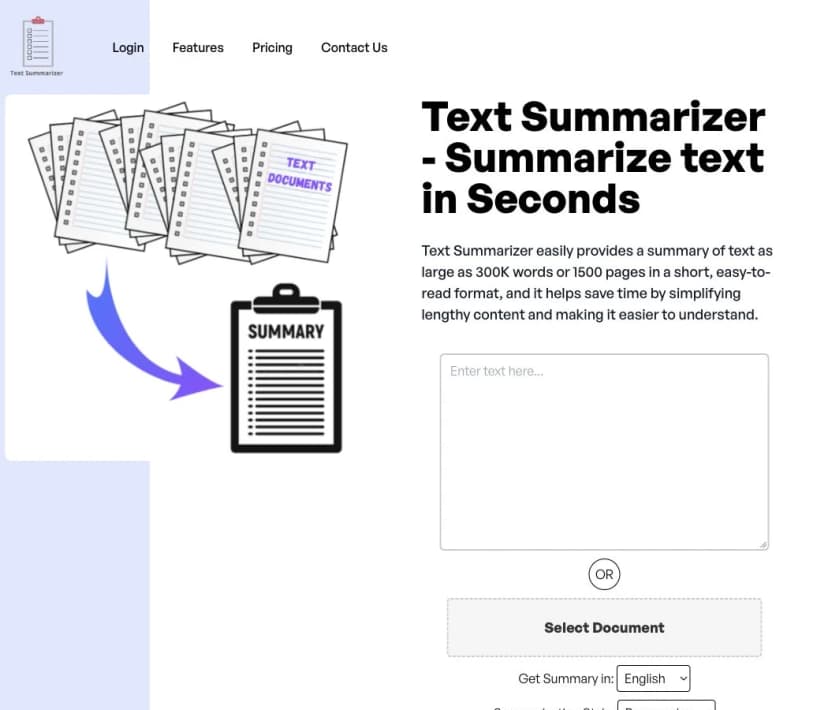 TextSummariser blank input with document upload, language, paragraph style, and summary-size controls.