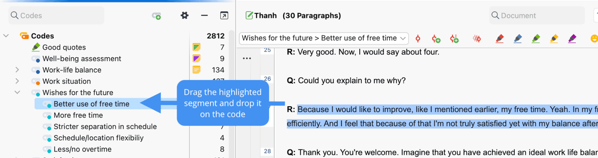 MAXQDA interface showing a highlighted interview passage being dragged onto a named code.