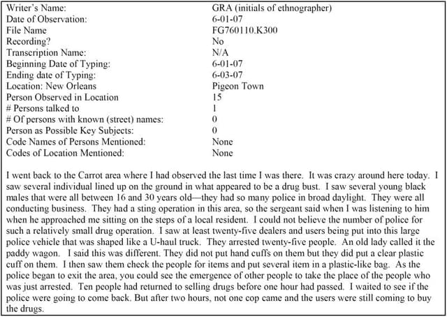 A field-note record with a dated header, location, people counts, and a detailed observation narrative.