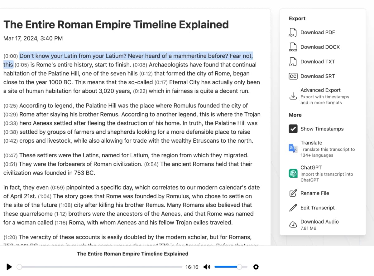 TurboScribe transcript view for a Roman Empire timeline video, with timestamps beside the text and translation, editing, and export options in a side panel.