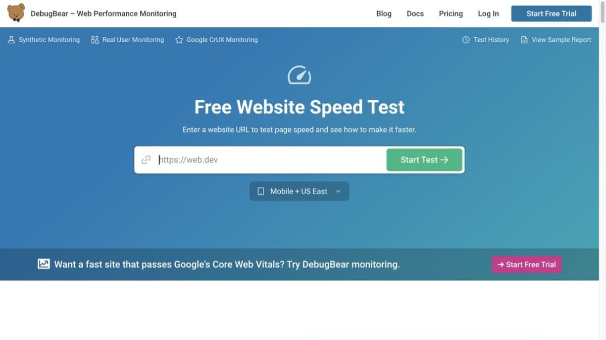 DebugBear free website speed test with URL field and mobile and desktop test location selector.