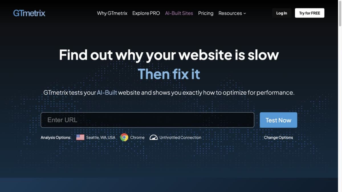 GTmetrix home page with URL field and test location, browser, and connection settings.