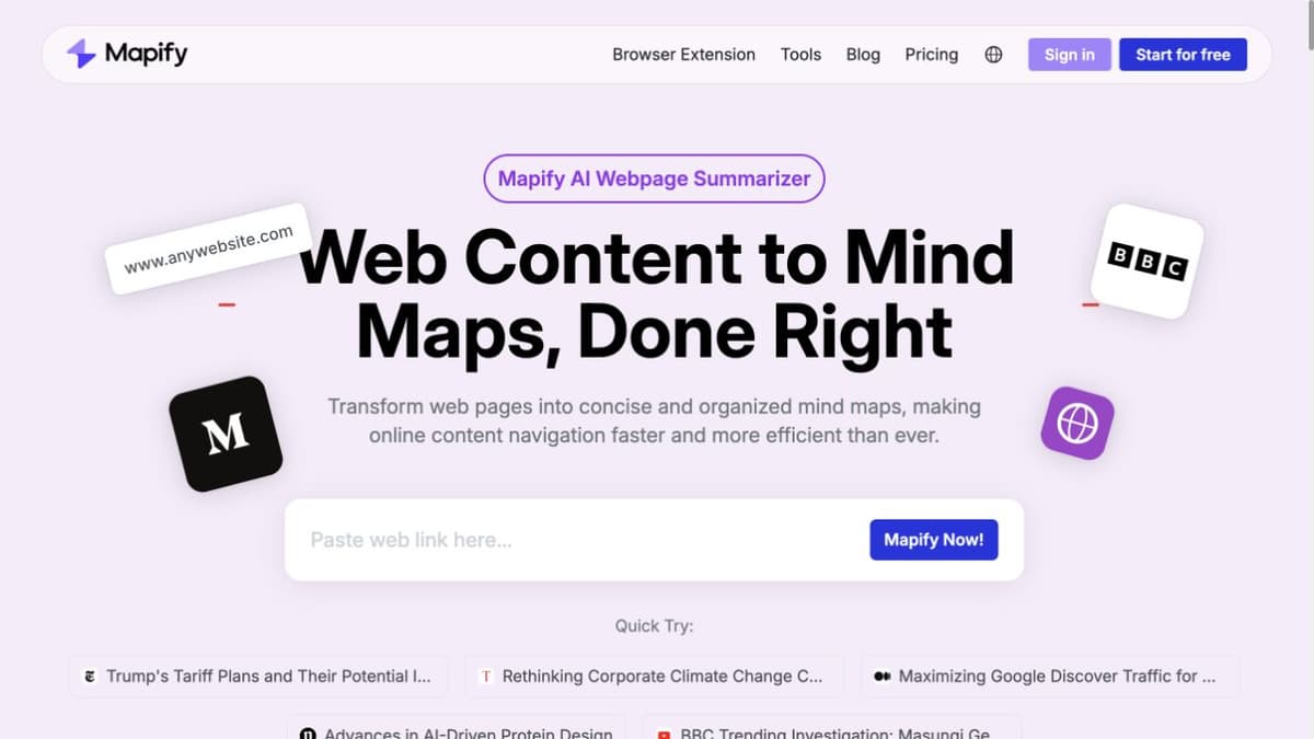 Mapify AI Webpage Summarizer with a paste web link field and example page topics.