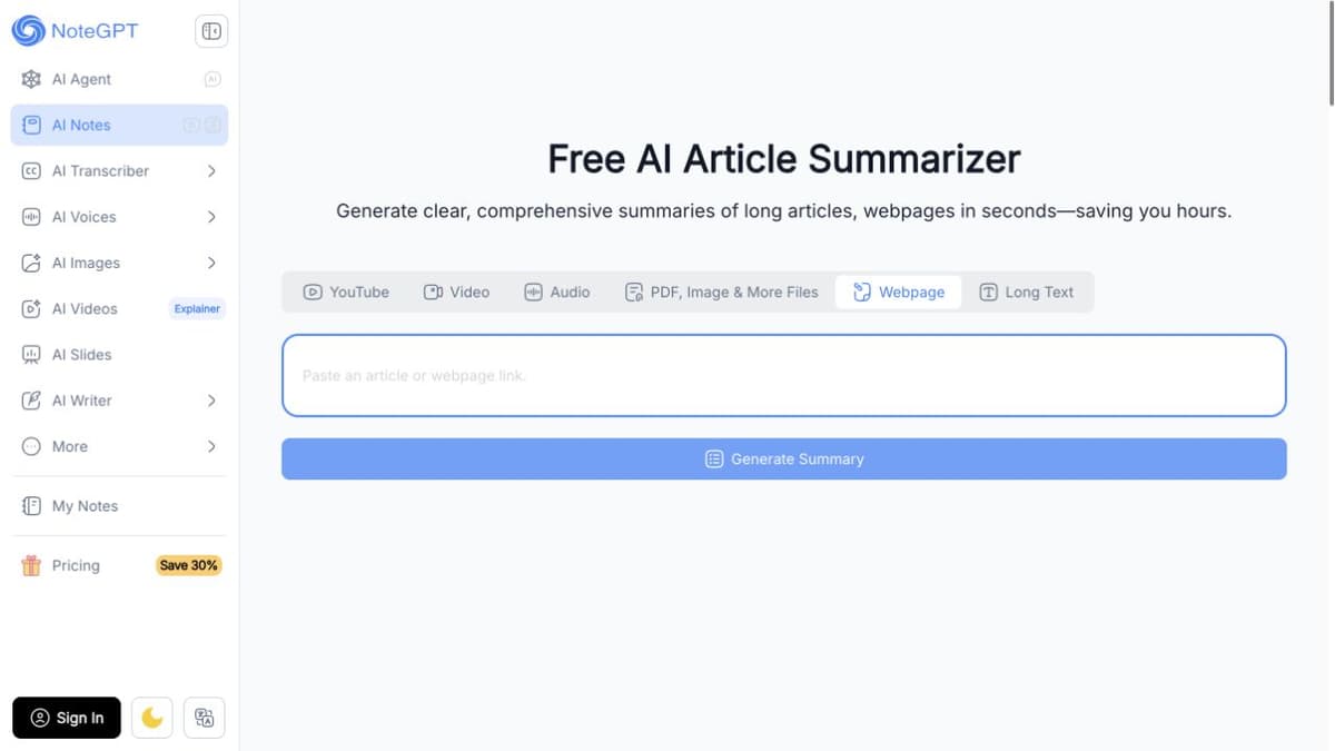 NoteGPT article summarizer with Webpage input selected and a field to paste an article or webpage link.