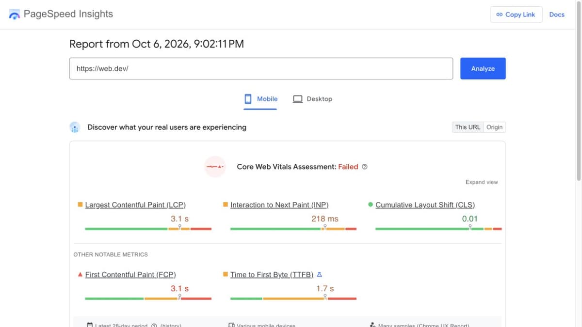 PageSpeed Insights mobile report for web.dev showing Core Web Vitals assessment and LCP, INP, and CLS.
