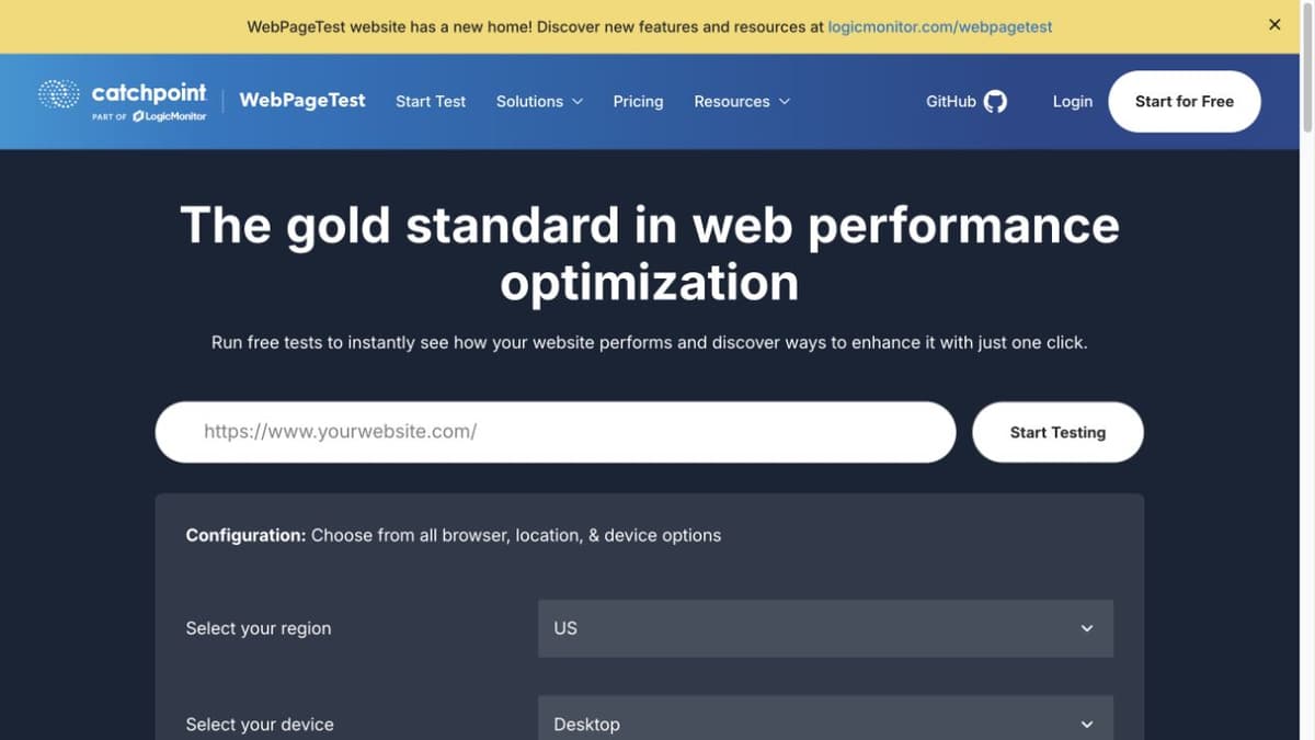 WebPageTest start page with URL field and region, device, and connection test controls.