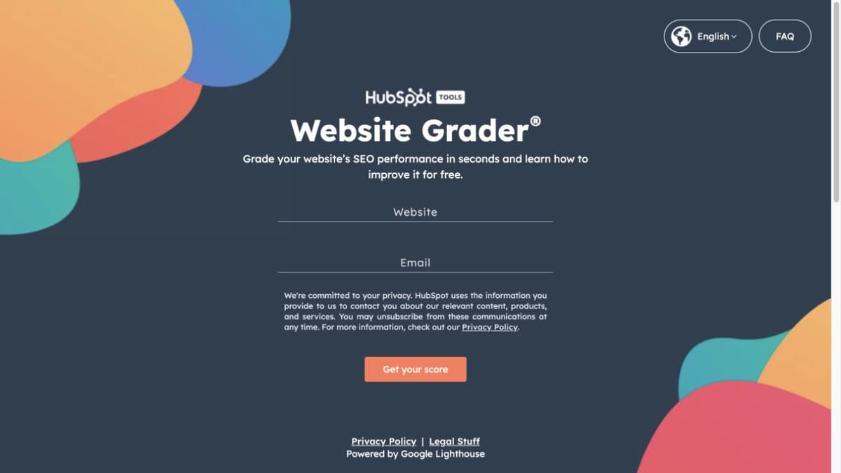 HubSpot Website Grader form with website and email fields and a Get your score button.