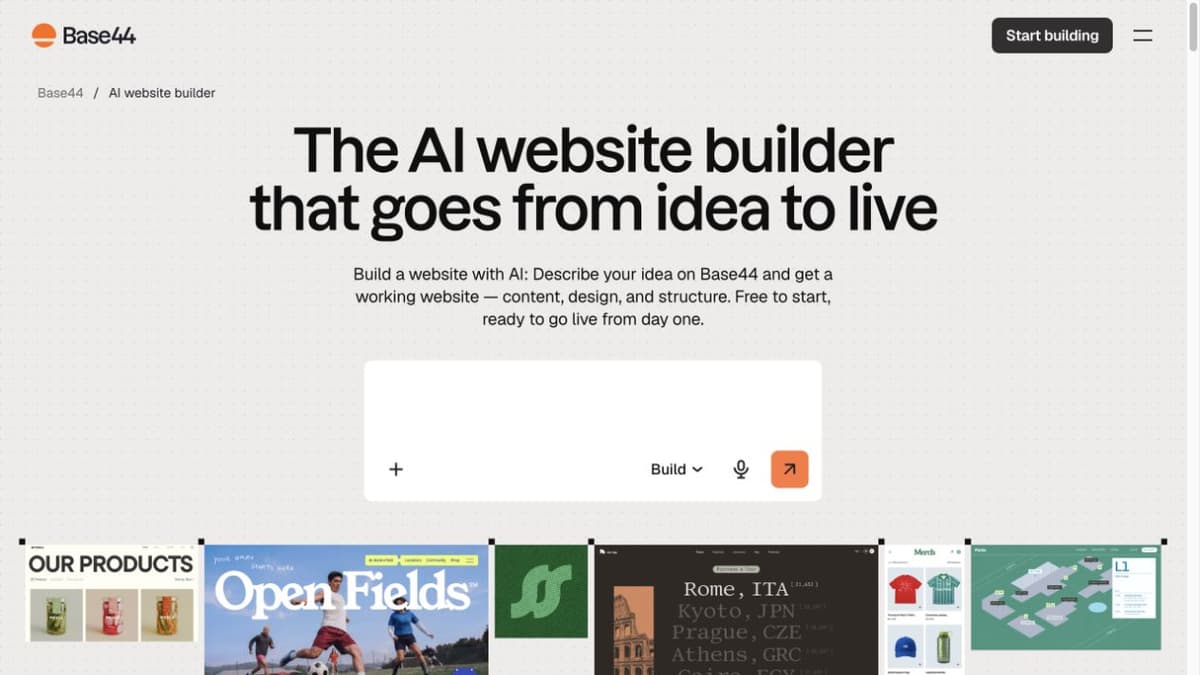 Base44 AI website builder page showing the prompt entry point and website examples.