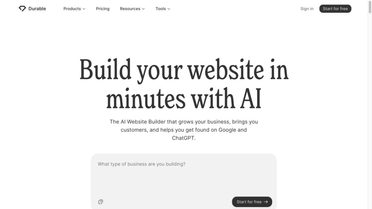 Durable AI website builder showing its business prompt field and website creation starting point.