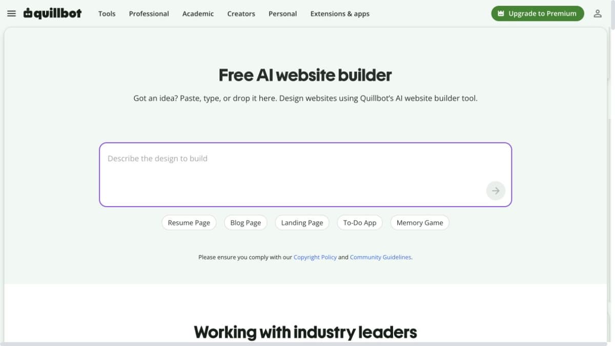 QuillBot AI website builder with an empty design prompt and page-type suggestions.
