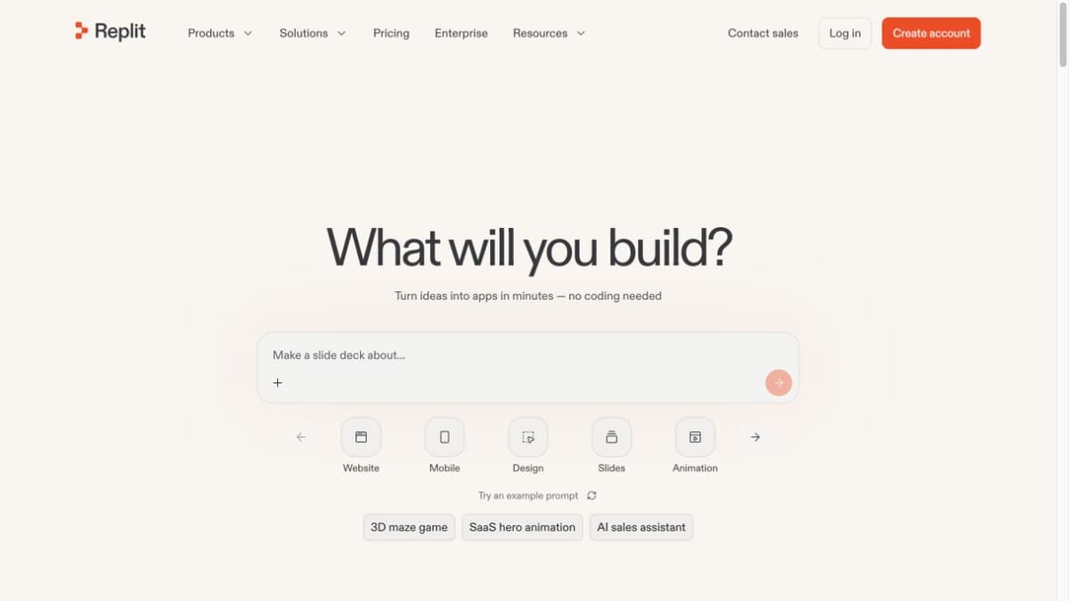 Replit homepage showing an empty prompt workspace and Website output type selected.