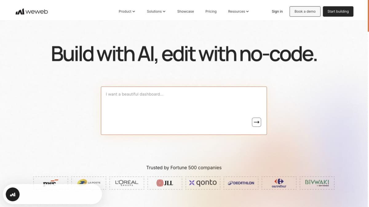 WeWeb homepage showing its AI app-building prompt and no-code positioning.