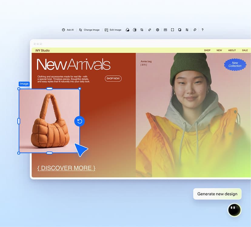 Wix AI Website Builder editor with an apparel storefront preview, a selected image, editing controls, and a Generate new design button.