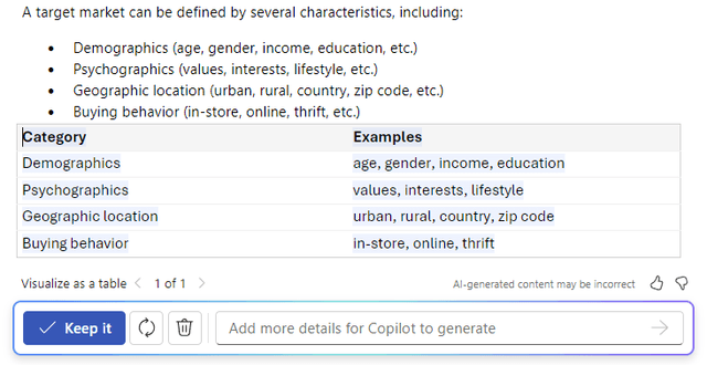 Microsoft Copilot in Word converting a bulleted list into a two-column table, with controls to keep, regenerate, or discard it.