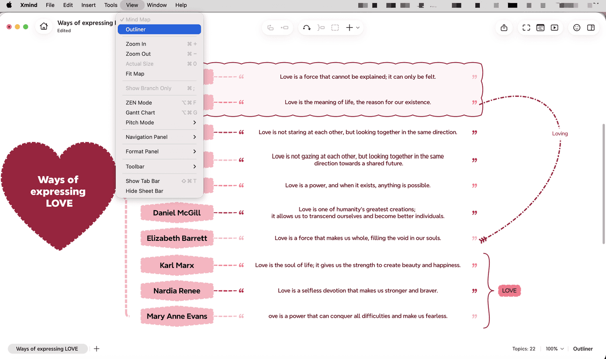 Official Xmind screenshot showing a mind map with branches from a central topic in the desktop interface.
