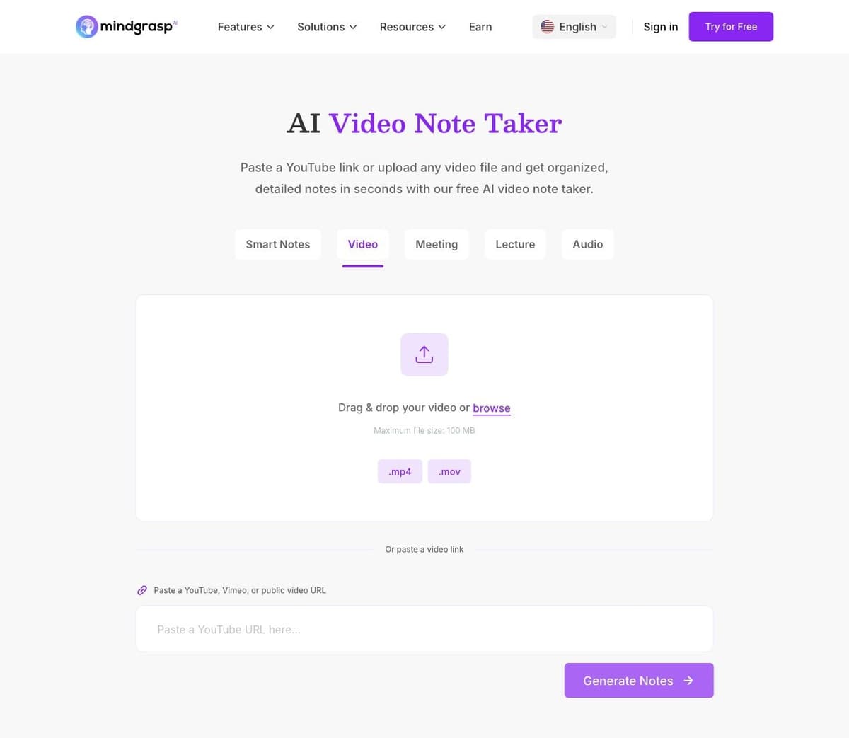 Mindgrasp AI Video Note Taker page with Video selected, a YouTube URL field, and a Generate Notes button.