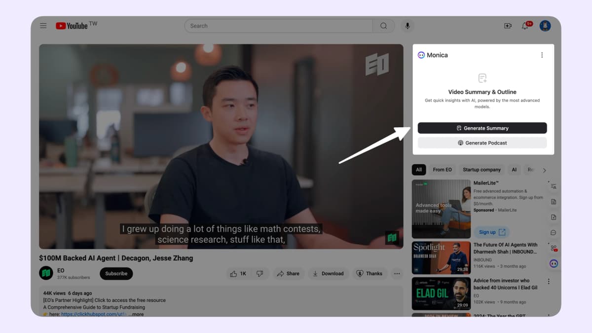 Monica YouTube Summary guide with its Generate Summary control beside a video.