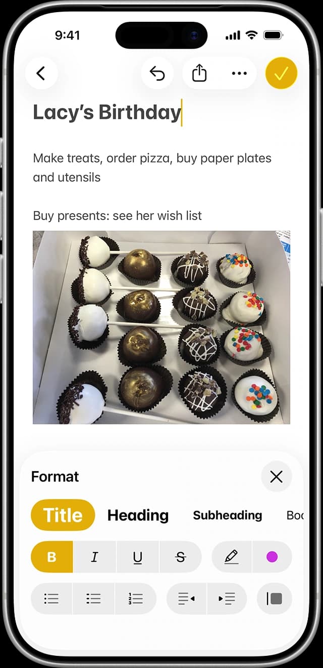 Apple Notes on iPhone with the formatting panel open to heading, emphasis, and list controls.