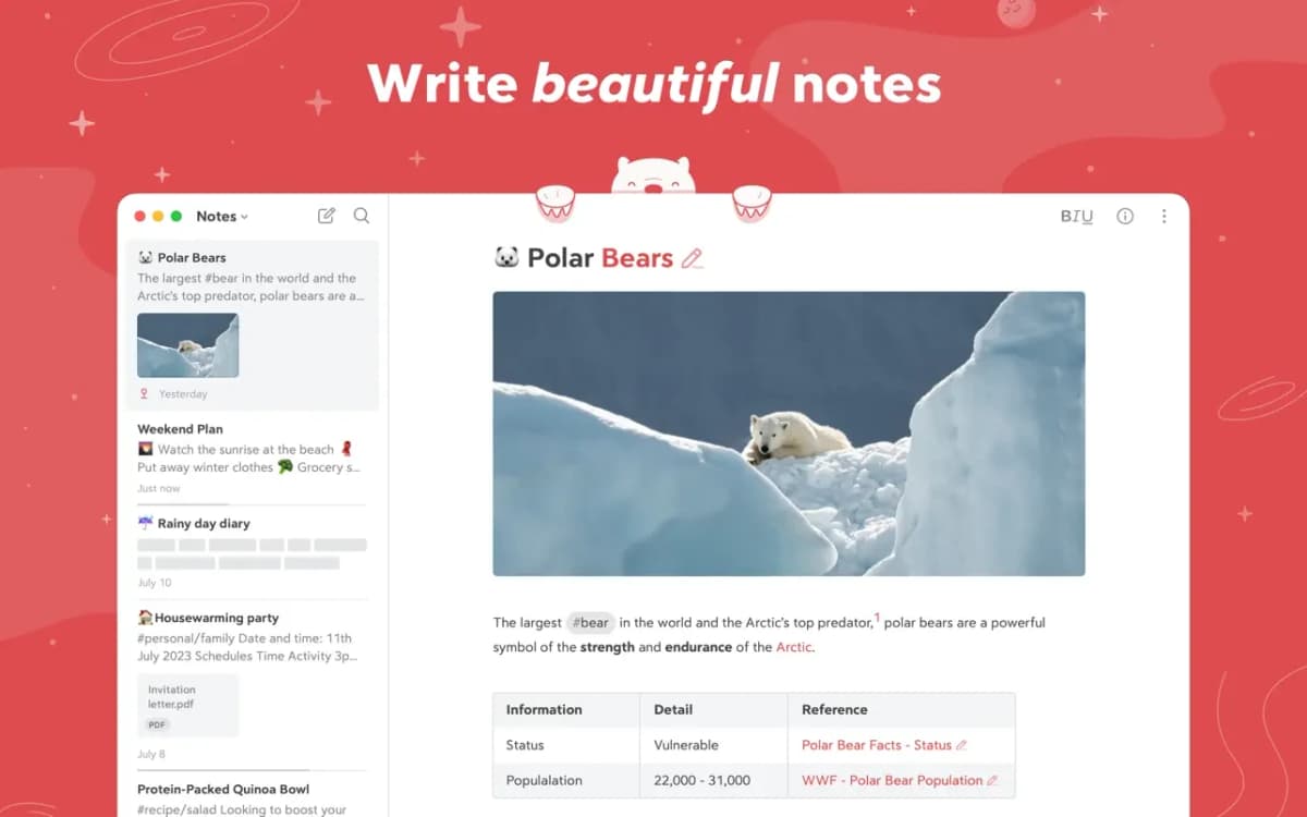 Bear for Mac showing its note list, tag organization, and editor.