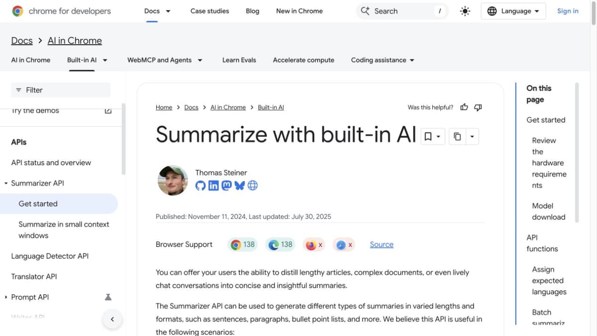 Chrome for Developers documentation page titled Summarize with built-in AI, with Summarizer API navigation.