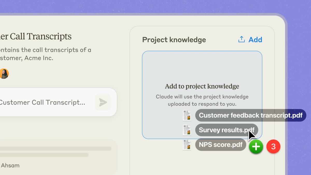 Claude Projects knowledge panel showing uploaded customer-call transcripts, survey results, and a project prompt.
