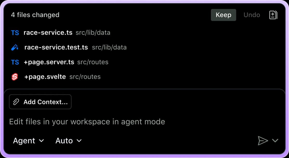 Official GitHub Copilot product image showing VS Code agent mode with four changed files and Keep or Undo controls