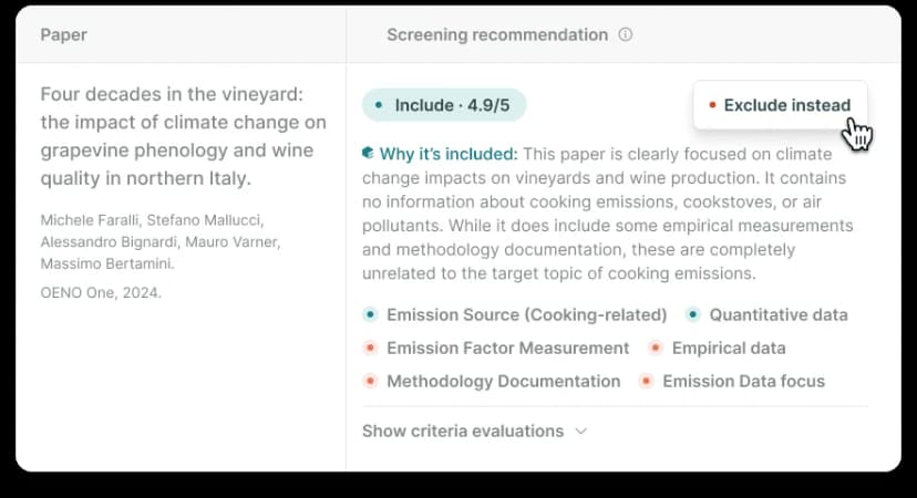 Elicit screening view showing an inclusion recommendation and rationale for a paper.