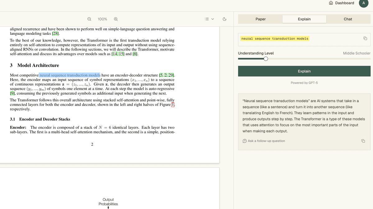 Explainpaper showing a research paper beside a highlighted phrase, explanation controls, and a simplified explanation.