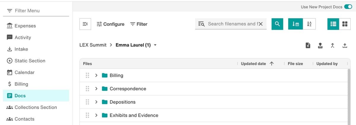 Filevine project Docs section showing case folders, file search, and file metadata columns.