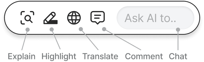 Moonlight reader toolbar with controls for explaining, highlighting, translating, commenting, and chatting.