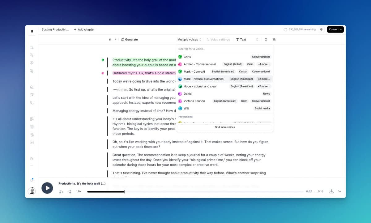 ElevenLabs Studio Projects-era editor with generated podcast dialogue and the voice-selection menu open.