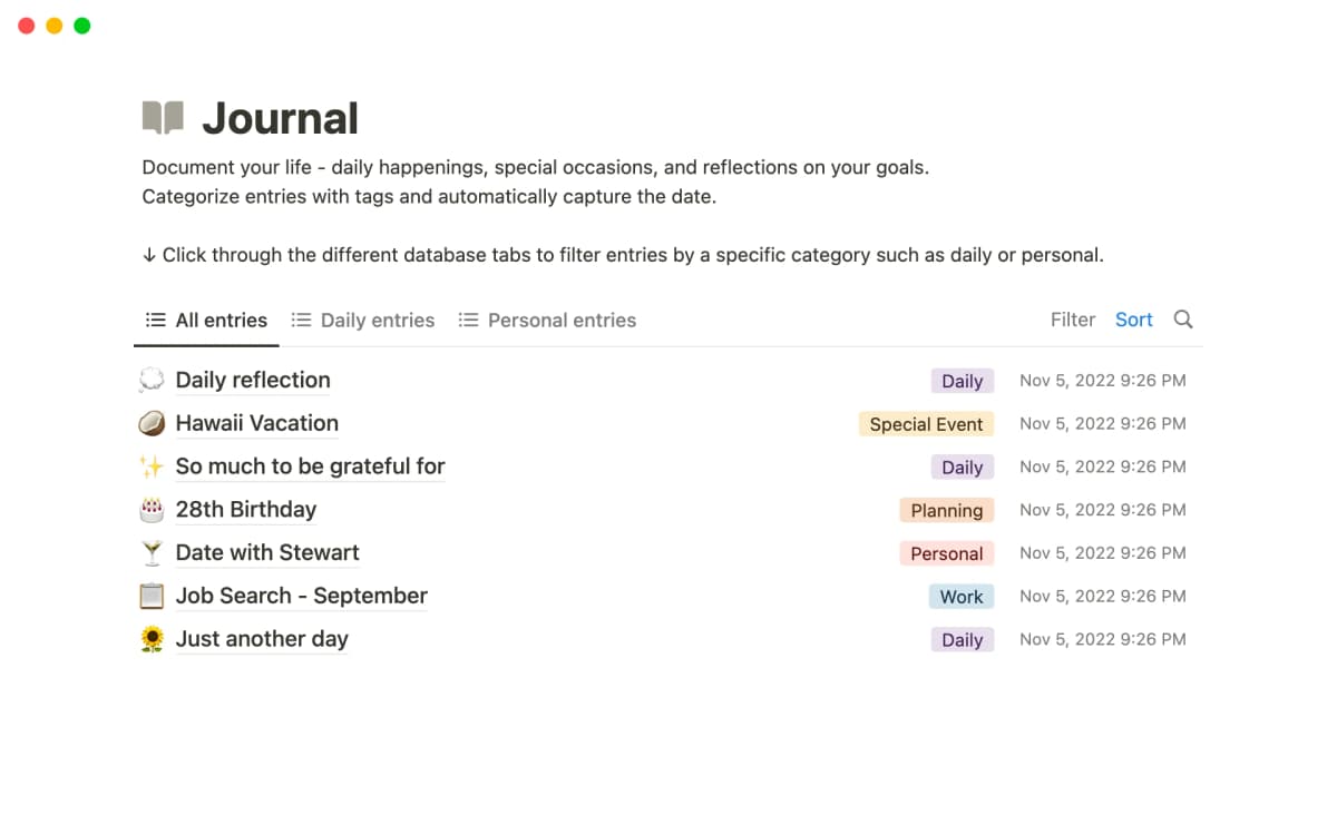 Official Notion journal template desktop preview showing journal entries and writing prompts
