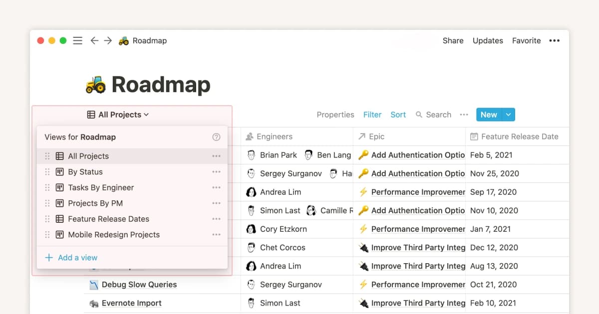 Notion database workspace with a sample roadmap table and multiple project views.