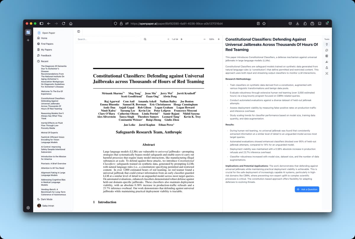 Open Paper showing a research PDF beside an AI summary and paper details.