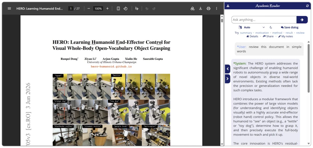 Paper Digest Academic Reader showing a research PDF beside its question-and-answer panel.