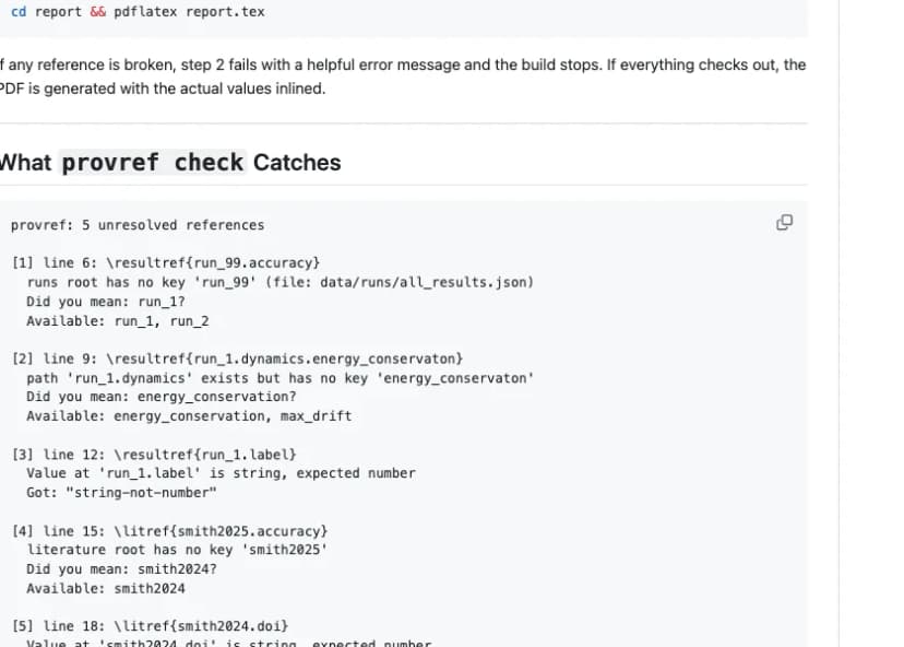 provref check output reporting 5 unresolved references, such as resultref run_99.accuracy with no key run_99 in the results file and a Did you mean run_1 suggestion.